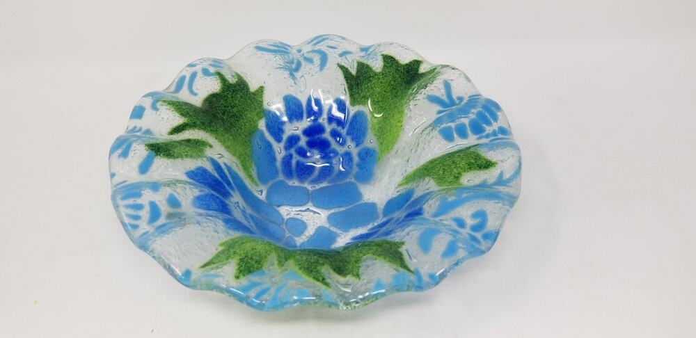 Sydenstricker Fused Glass Bowl Spring Floral Blue Green 6.5”